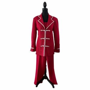 Todd & Olivia Red Knit 3pc Pant Suit w/Rhinestones and Silver Trim, Size 14